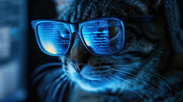 El gato hacker gracioso trabaja en la computadora en una habitación oscura los datos digitales se reflejan en las gafas concepto de tecnología de espionaje hackear animales seguridad cibernética estafa crimen y virus
