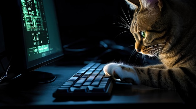 Foto el gato hacker que imprime en el teclado con una expresión seria en el hocico