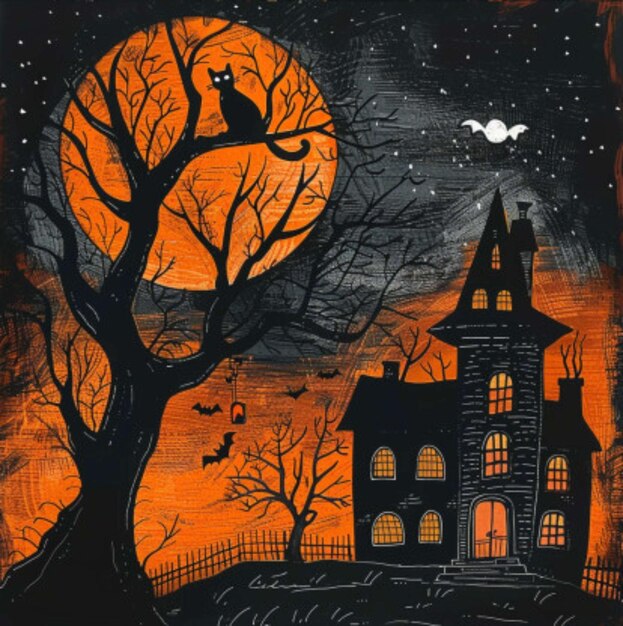 Foto gato halloween gato preto abóbora laranja azul noite assustadora outubro truque refúgio outono