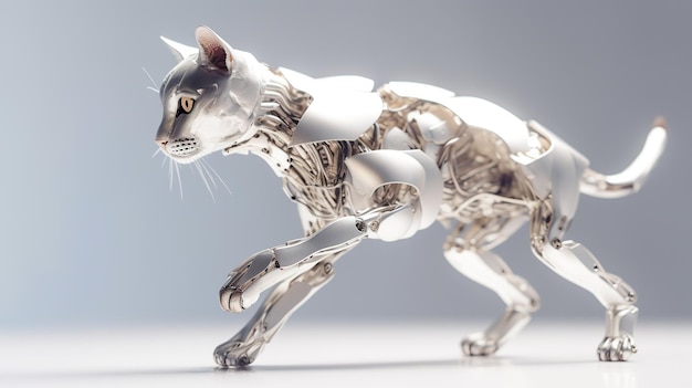 Un gato hecho de metal plateado en una imagen de ai generativa de superficie blanca