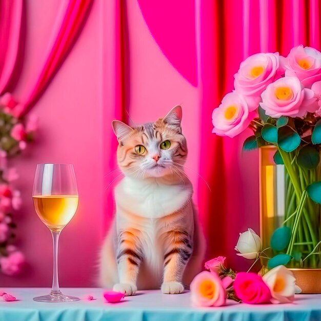 Un gato hermoso en un hermoso interior con una copa de vino Romance y felicitaciones