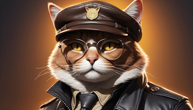 un gato heroico con gafas de aviador y una elegante chaqueta de cuero y un clásico sombrero de detective