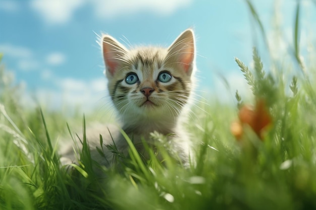 Un gato en la hierba con ojos azules.