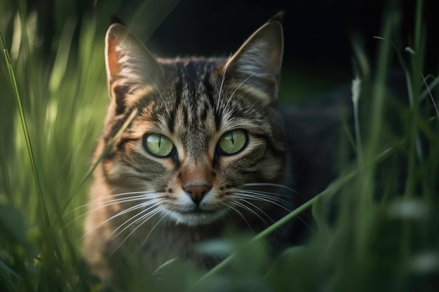 Gato en la hierba en un retrato