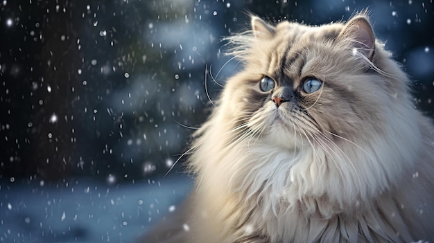 El gato del Himalaya entre los copos de nieve que caen