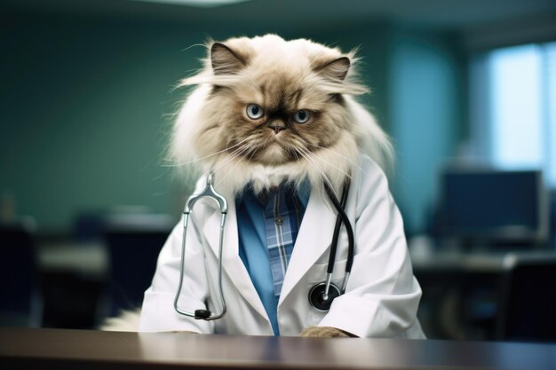 Gato del Himalaya disfrazado de médico en el trabajo