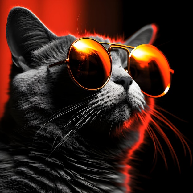 Gato hipster británico genial con gafas de sol redondas de época en el estudio