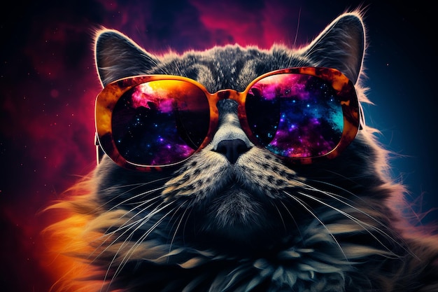 Gato hipster com óculos em fundo escuro Design de arte de moda Moderno Design criativo Olhar visão Lindo gatinho Generativo Ai