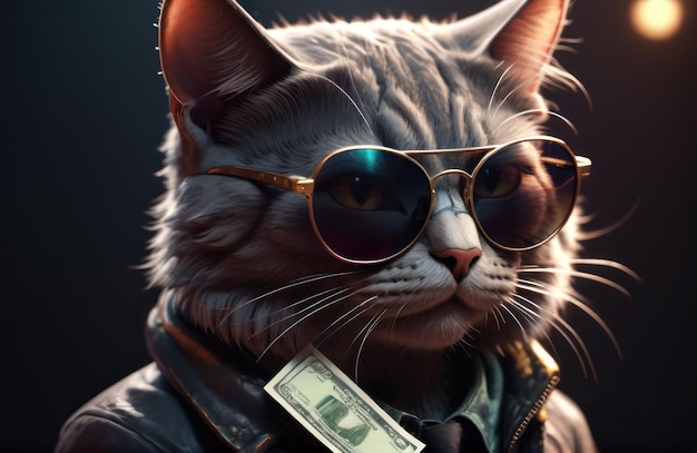 Gato hipster rico e bem-sucedido com óculos escuros e dinheiro como um gangster