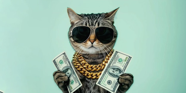 Foto gato hipster rico y exitoso con dólares