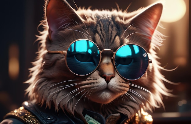 Un gato hipster rico y exitoso con gafas de sol y dinero en efectivo como un gángster