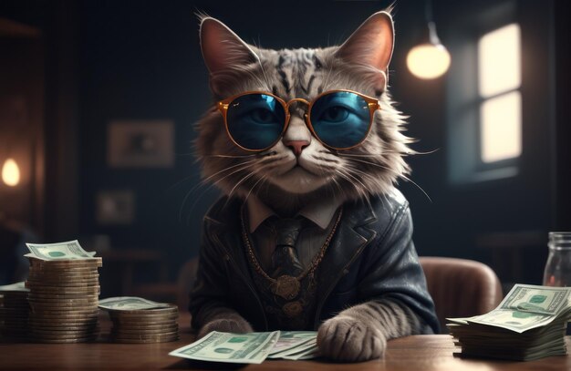 Un gato hipster rico y exitoso con gafas de sol y dinero en efectivo como un gángster