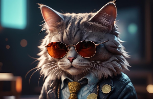 Un gato hipster rico y exitoso con gafas de sol y dinero en efectivo como un gángster