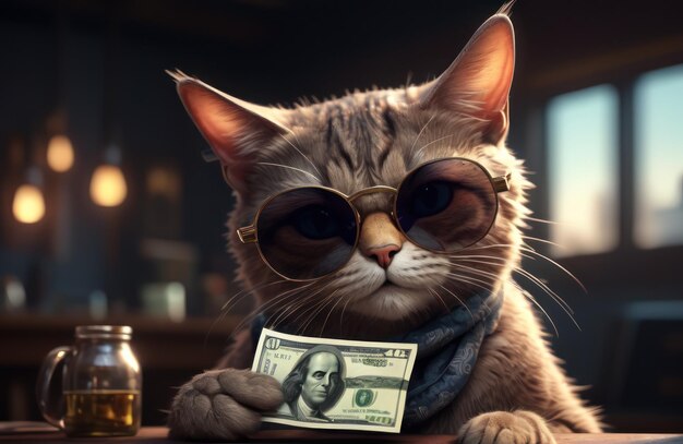 Un gato hipster rico y exitoso con gafas de sol y dinero en efectivo como un gángster