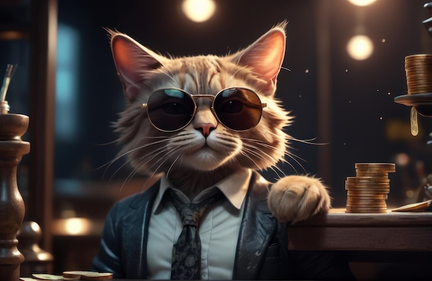 Un gato hipster rico y exitoso con gafas de sol y dinero en efectivo como un gángster