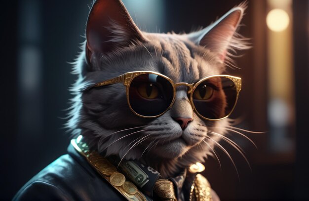 Un gato hipster rico y exitoso con gafas de sol y dinero en efectivo como un gángster