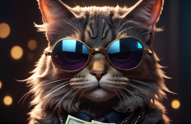 Un gato hipster rico y exitoso con gafas de sol y dinero en efectivo como un gángster