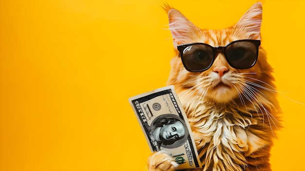 Gato hipster rico y exitoso con gafas de sol y dinero en efectivo Fondo amarillo