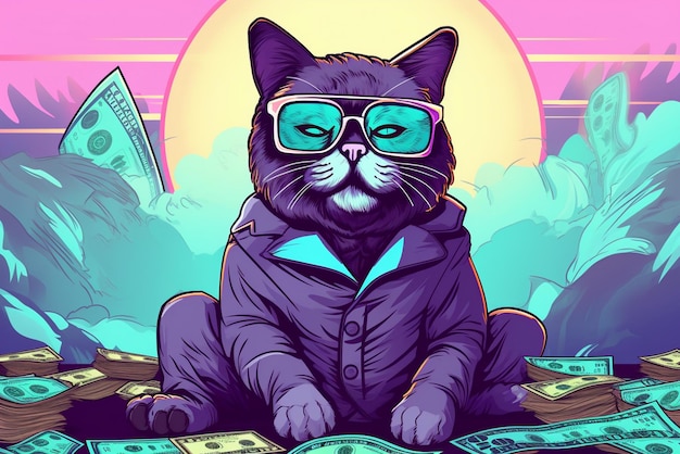 Gato hipster rico y exitoso con gafas de sol y dinero en efectivo fondo pastel