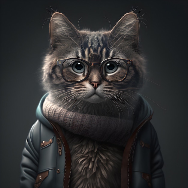 Gato hipster con ropa y gafas. retrato de gato. IA generativa