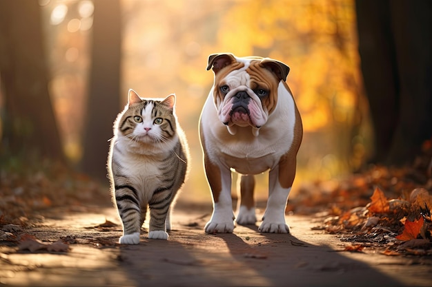 Gato hormiga bulldog caminando juntos por el sendero en un parque de otoño