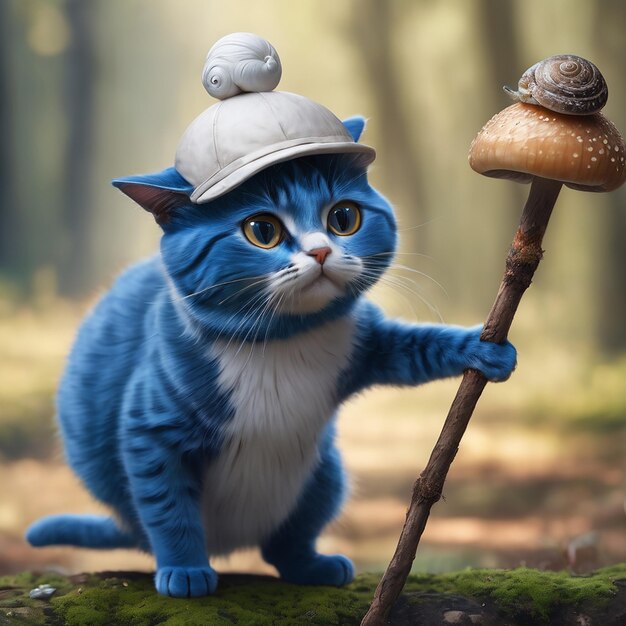 Foto gato humanoide azul com uma tampa de cogumelo branco na cabeça e segurando um bastão longo com um caracol na