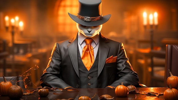 Gato humanoide con sombrero y traje de negocios sentado en un pab de halloween