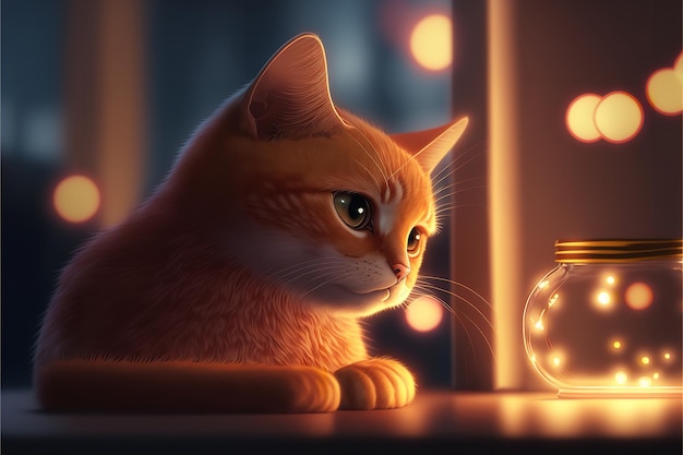 El gato con iluminación festiva Lindo gato jengibre experimentando con la luz fuera de la ventana Ai generativo
