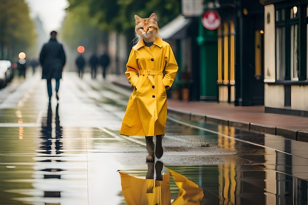 Foto un gato con un impermeable amarillo camina por una acera mojada.