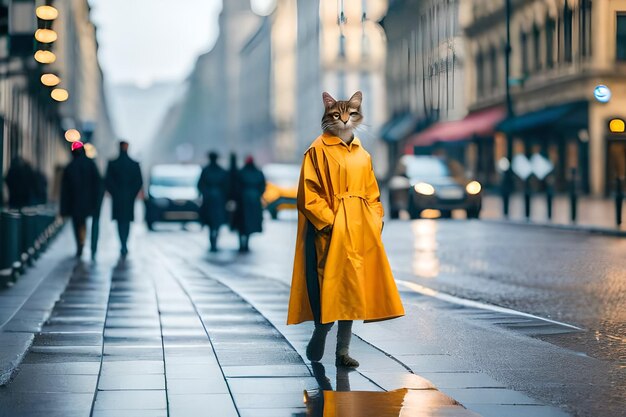 un gato con un impermeable amarillo está en una acera mojada.