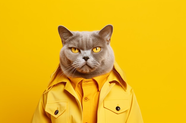 un gato con un impermeable amarillo en un fondo amarillo