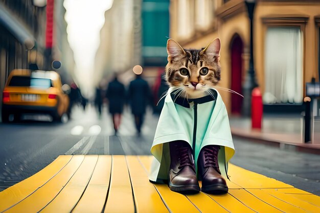 un gato con impermeable se sienta en un banco amarillo.