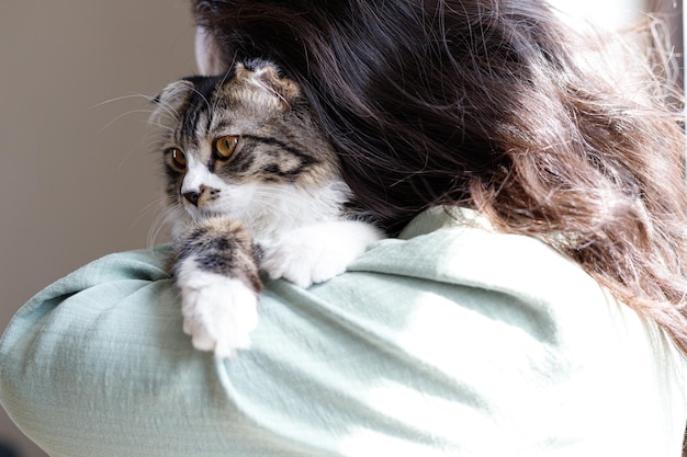 Gato incomum no ombro de uma garota