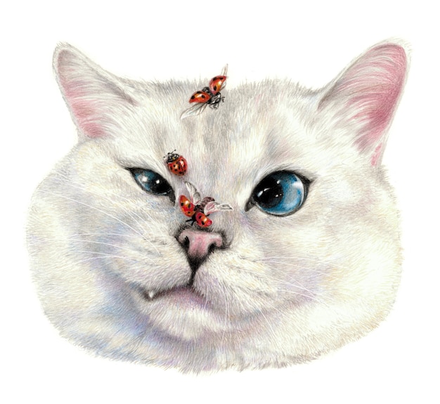 Gato insatisfecho, las mariquitas vuelan alrededor. Dibujo a color de la cara de un gato. Aislado sobre fondo blanco. Dibujo a lápiz obra de arte