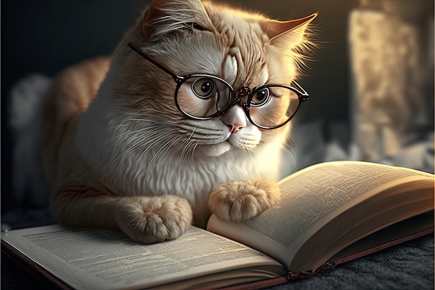 Gato inteligente con gafas para leer un libro Concepto educativo IA generativa