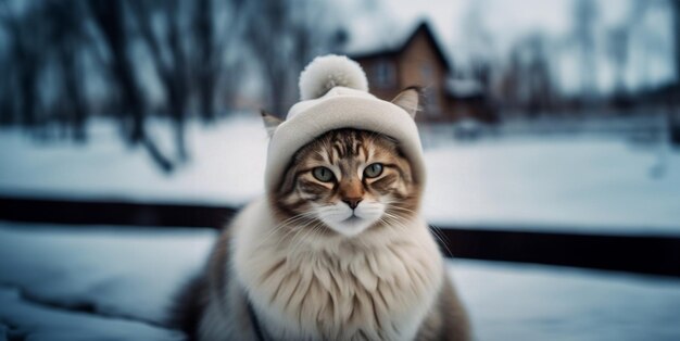 gato en invierno ropa cálida en invierno en Snowy Street en el frío el concepto de ropa cálida para la mascota