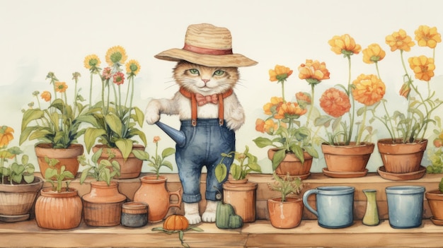 un gato en un jardín con flores y una maceta con regadera.