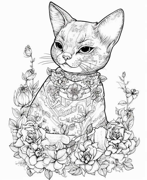 Un gato en un jardín de flores con rosas.