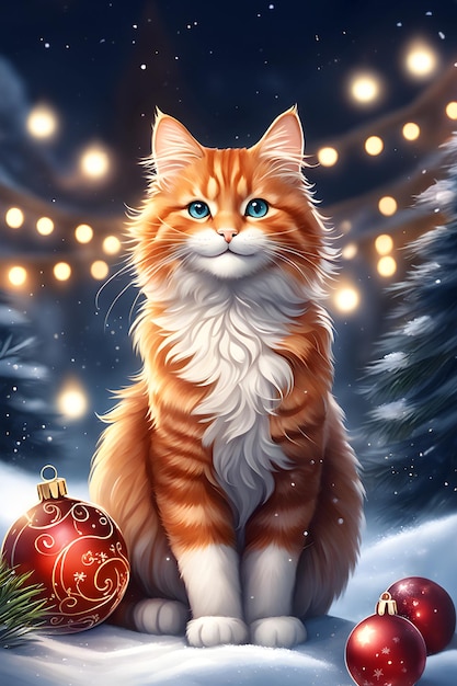 Gato de jengibre esponjoso en el fondo de invierno de Navidad