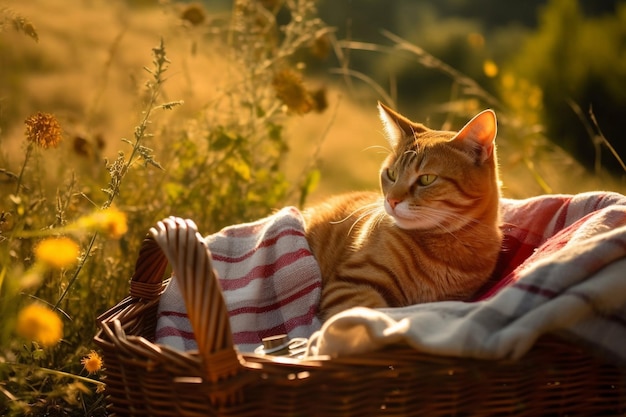 Gato jengibre haciendo un picnic al atardecer IA generativa