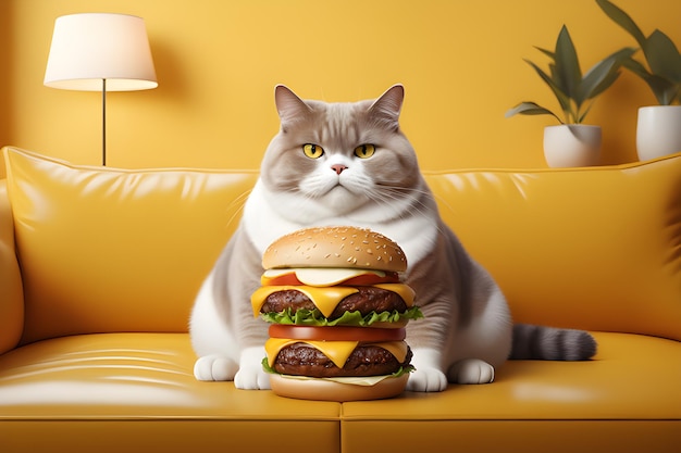 Gato jengibre muy gordo con hamburguesa de comida rápida en un sofá amarillo