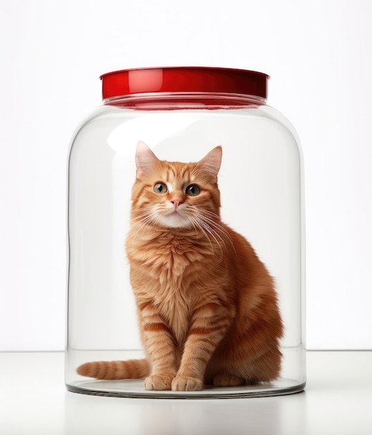 Gato de jengibre en un tarro de cristal grande aislado sobre un fondo blanco.