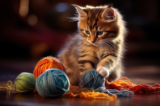 El gato juega con una pelota de punto.