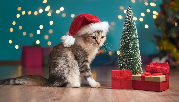 Gato jugando con el árbol de Navidad y regalos gato gracioso en sombrero de Santa rojo generador de IA