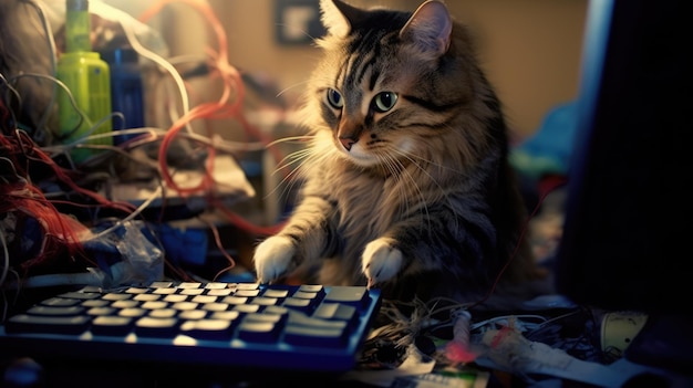 Un gato jugando con una computadora.