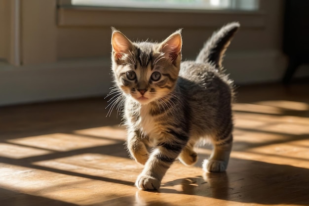 Gato jugando en una habitación iluminada por el sol