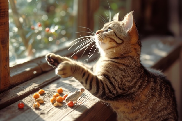 Gato jugando con un juguete en una mesa de madera