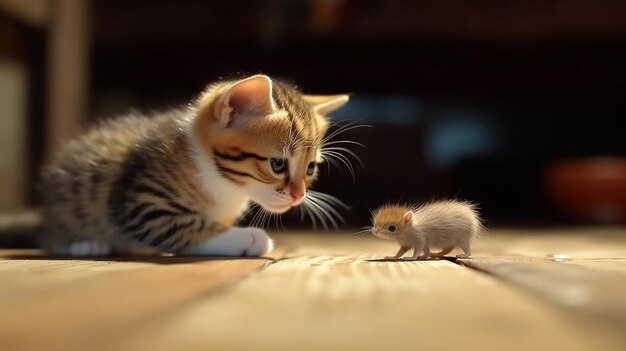 Gato jugando con el pequeño ratón gerbil en la mesa