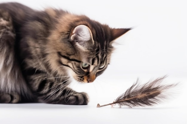 Gato jugando con una pluma de pájaro aislado sobre una superficie blanca