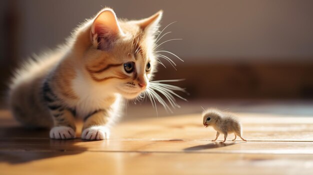 Gato jugando con un ratón gerbil en la mesa